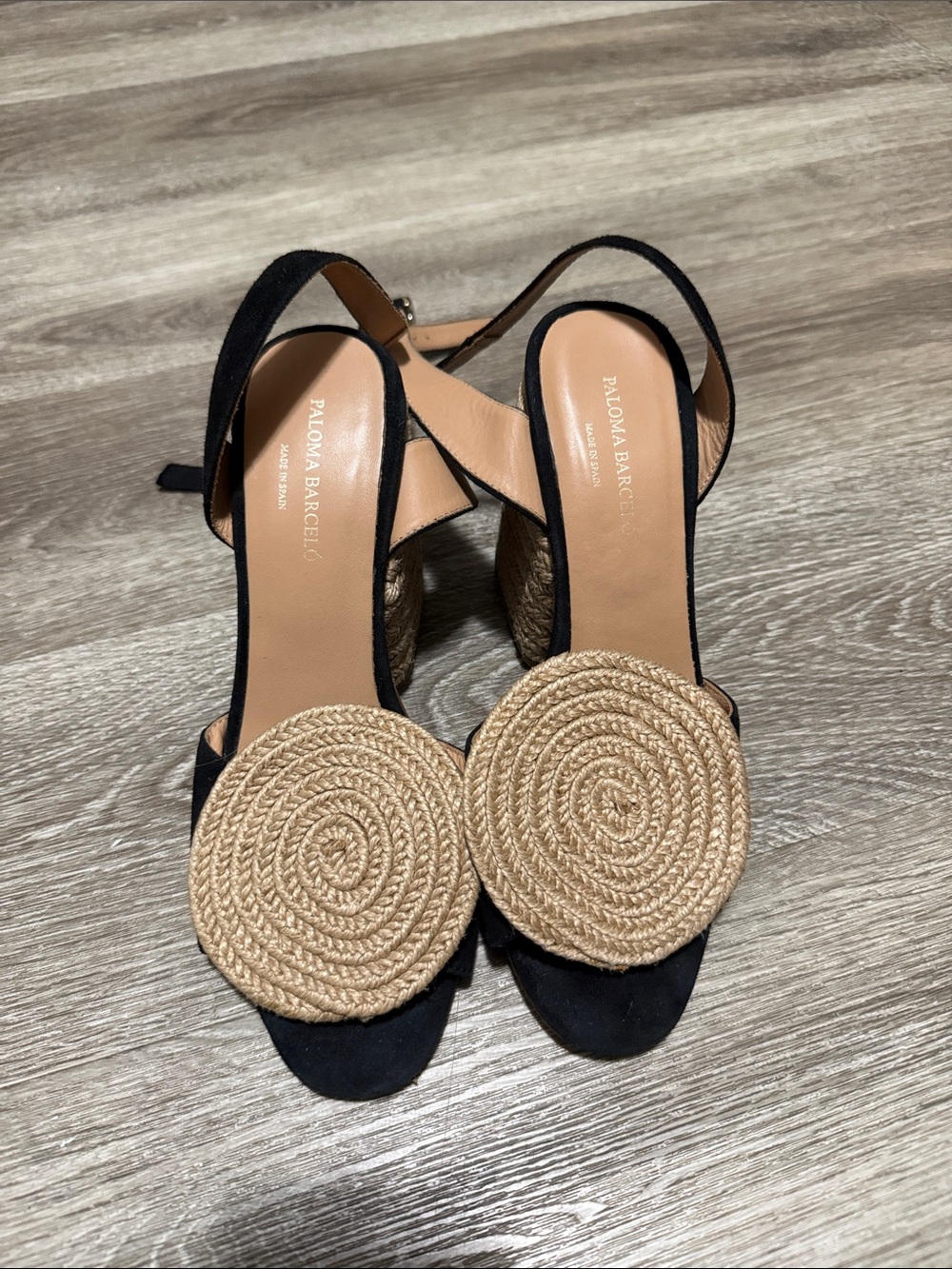 Paloma Barcelo Black Wedge Sandals with Natural Rope Medallion